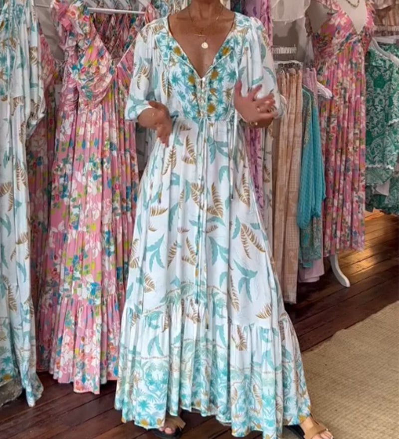 Robe longue femme col V imprimé feuilles