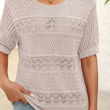 Pull À Manches Courtes En Maille Crochetée Ajourée Et Col Rond Pour Femmes