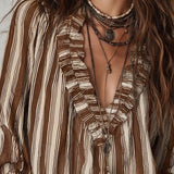 Blouse Profond Col V Rayures Verticales Loose
