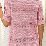 Pull À Manches Courtes En Maille Crochetée Ajourée Et Col Rond Pour Femmes