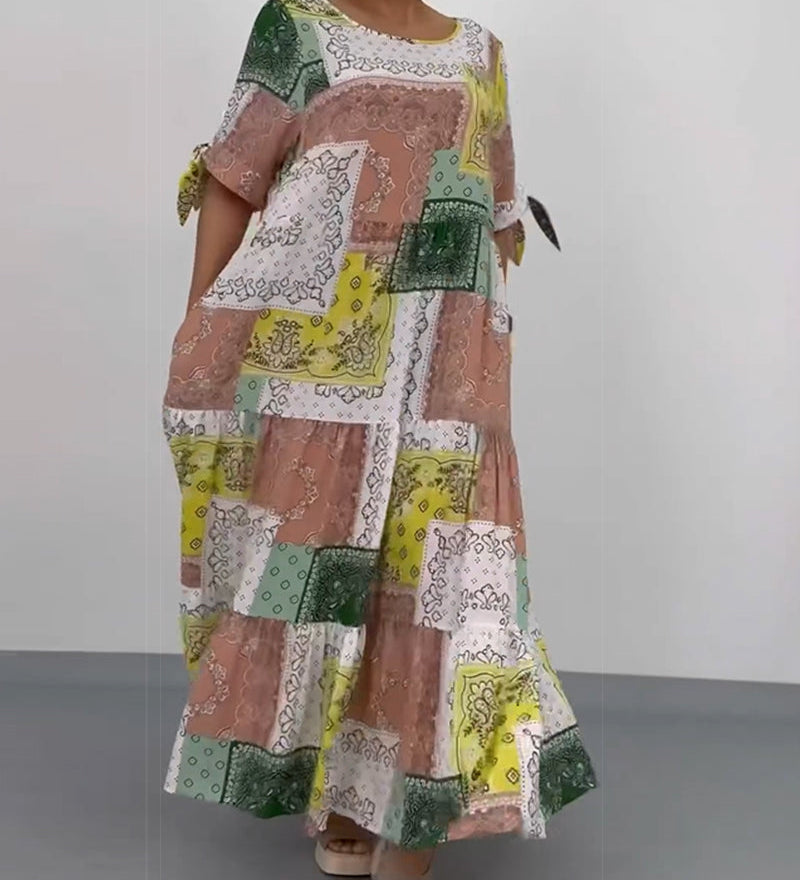 Robe longue ample à col rond et imprimé carré