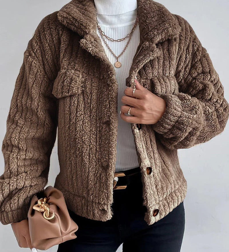 Manteau épais décontracté de couleur unie avec revers boutonné et manches longues