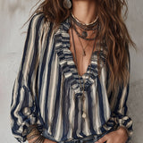 Blouse Profond Col V Rayures Verticales Loose