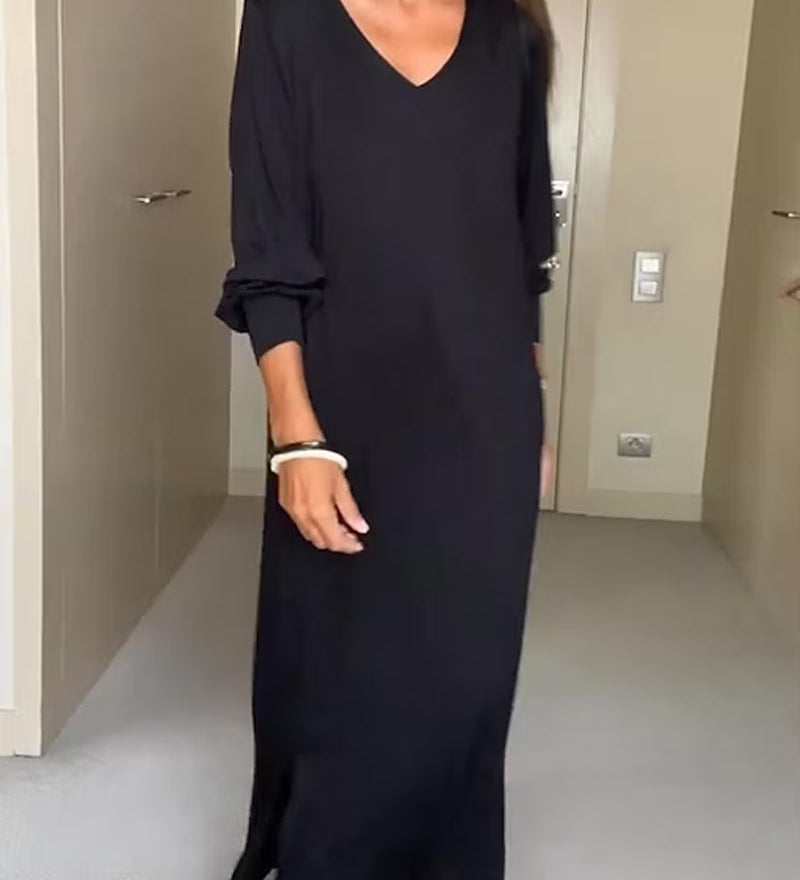 Robe décontractée à col en V de couleur unie