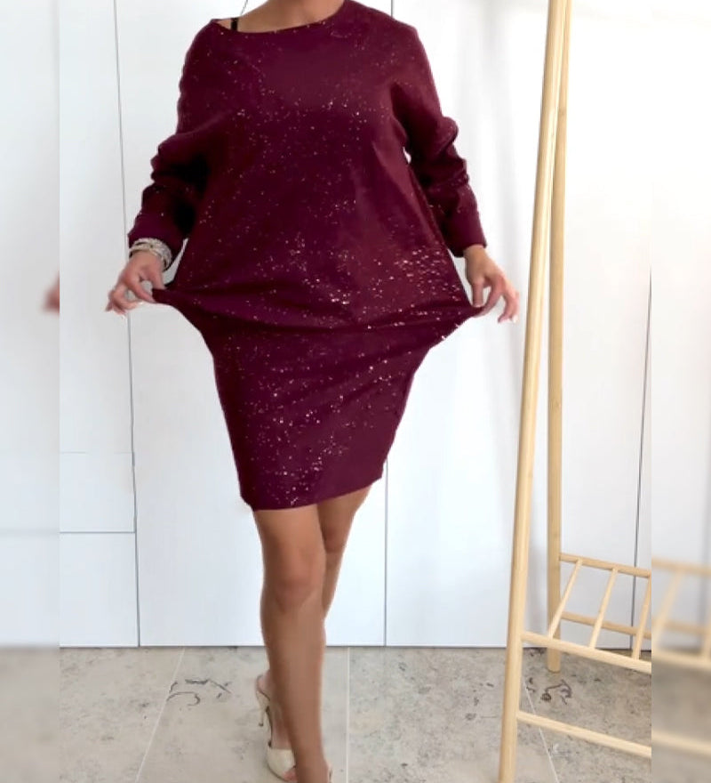 Robe Col Rond Paillettes Fines À La Mode