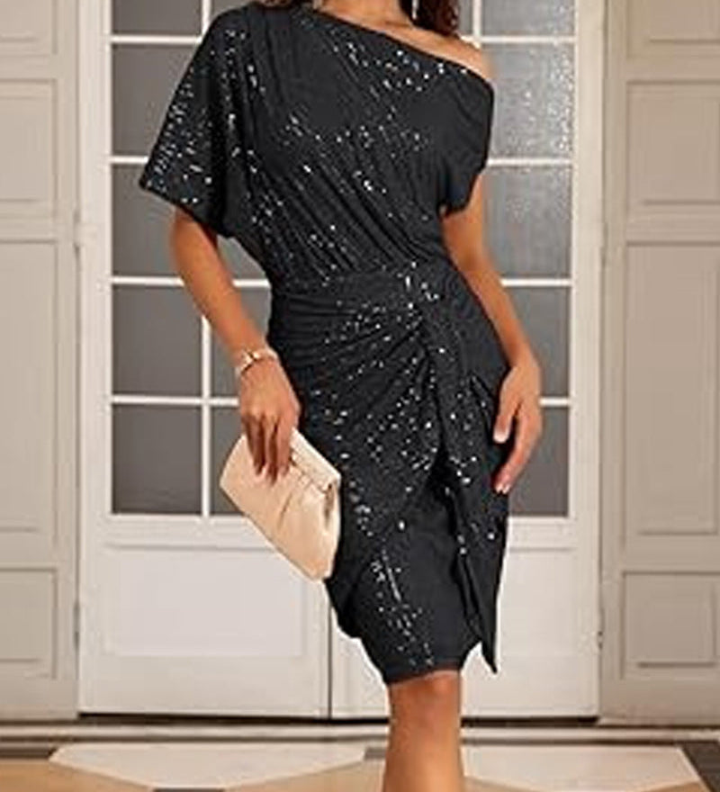 Robe élégante à paillettes avec col en V et épaules dénudées