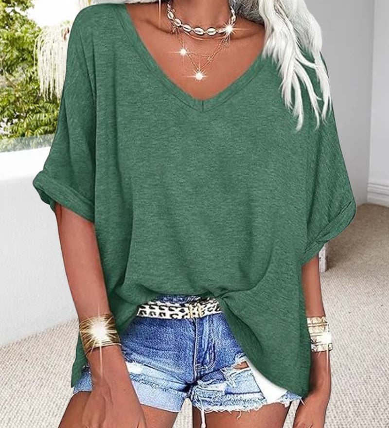 T-Shirt Col En V Ourlet Roulé Manches Courtes Large