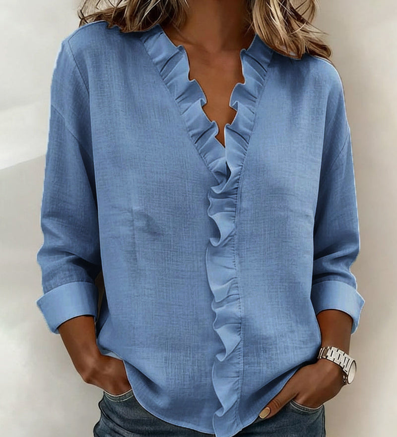 Blouse Froncé Col En V Manches Longues