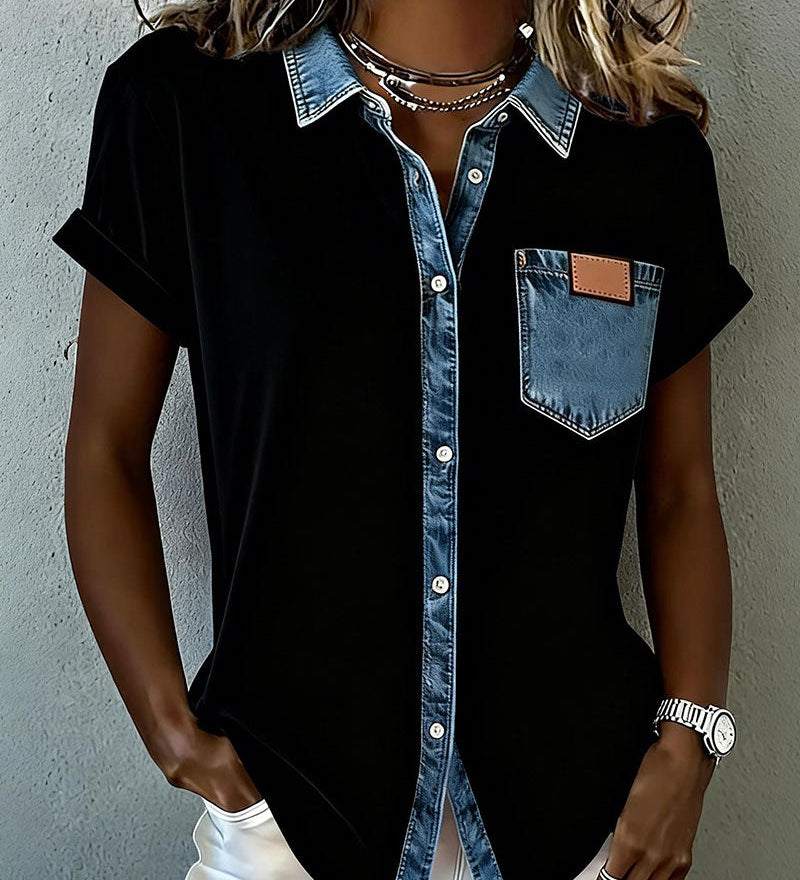 T-Shirt Denim Patchwork Col Retourné