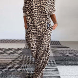 Ensemble décontracté à imprimé léopard avec haut ras du cou et poche, pantalon à jambe large