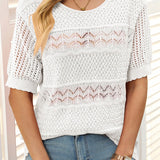 Pull À Manches Courtes En Maille Crochetée Ajourée Et Col Rond Pour Femmes