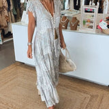 Robe à manches fendues et col en V imprimé vacances