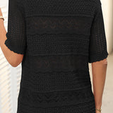 Pull À Manches Courtes En Maille Crochetée Ajourée Et Col Rond Pour Femmes
