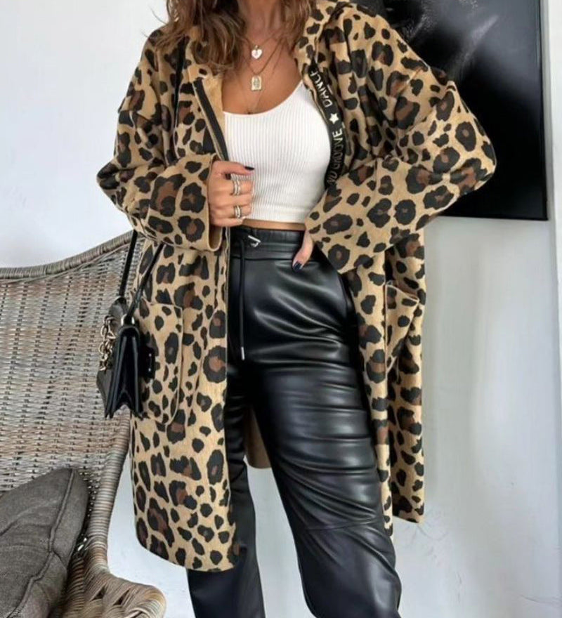 Manteau à capuche décontracté à imprimé léopard avec poche