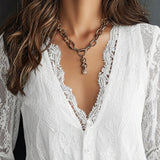 Blouse À Manches Longues En Dentelle Avec Col En V