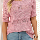 Pull À Manches Courtes En Maille Crochetée Ajourée Et Col Rond Pour Femmes