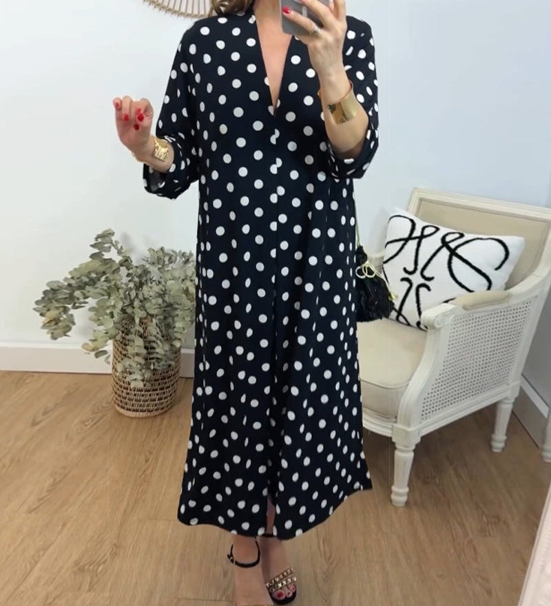Robe à col V, coupe ample et à pois