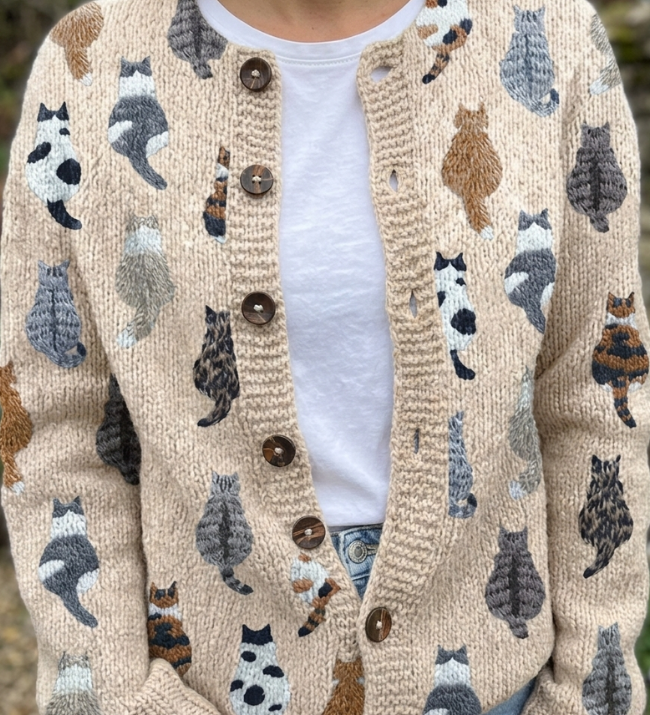 Cardigan boutonné beige à motif chats — Pascaline, LucieSaint-Tropez (vue 2)