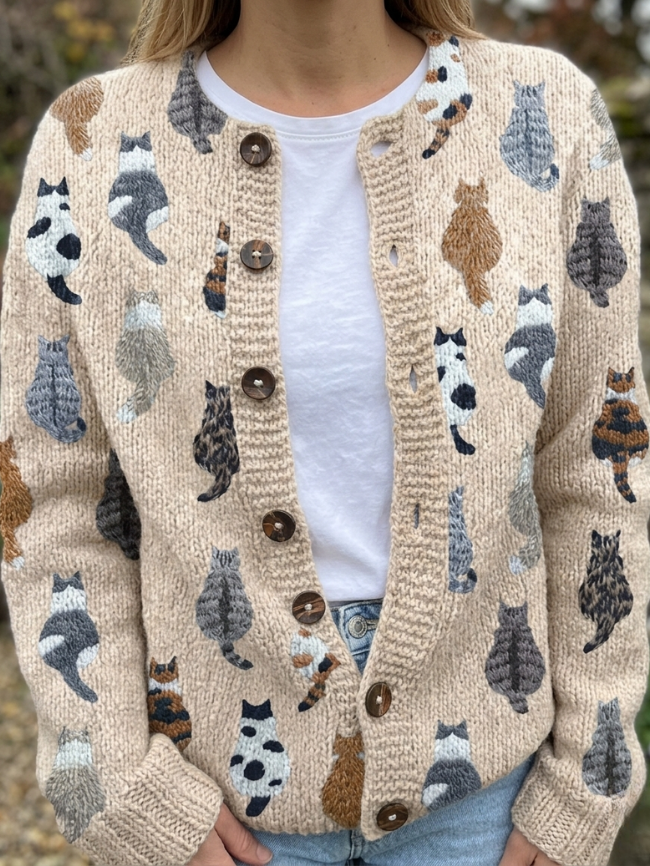 Cardigan boutonné beige à motif chats — Pascaline, LucieSaint-Tropez (vue 2)