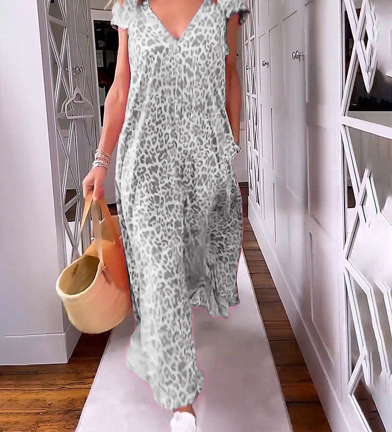 Robe longue col V en imprimé à manches courtes